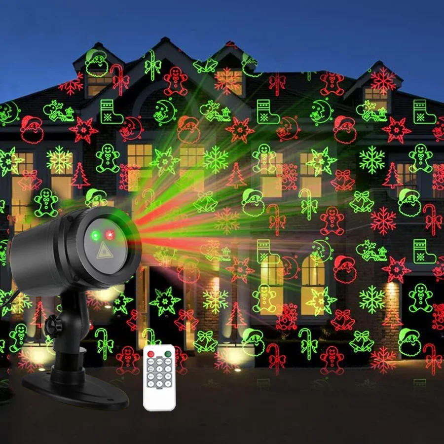 

Red Green Star Show Christmas Laser Projector Light 12 Patterns LED Projection Light with Remote Landscape Projector Spotlight