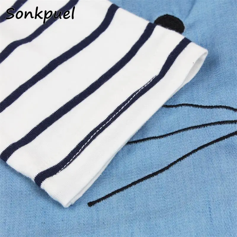 Girls Dress Princess Costume Kids Dresses for Girls Long Sleeve Stripe Patchwork Denim Cloth 2 3 4 6 8 Years Summer Clothing