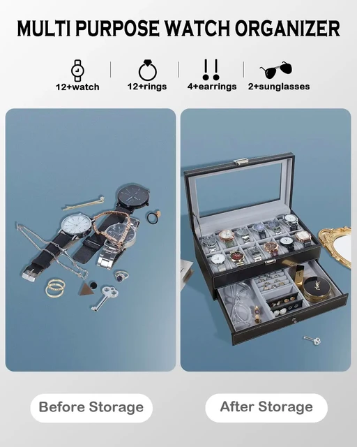 Boîtes de rangement de montres verrouillables en cuir à 12 fentes, vitrine de présentation de bijoux pour hommes et femmes, vitrine de montre organisateur à 2 niveaux, nouveauté 2024 3