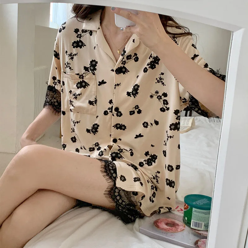 Кружевная Пижама с шортами и коротким рукавом для женщин, летняя Свободная Женская одежда для сна в Корейском стиле с принтом, элегантная повседневная женская одежда для сна