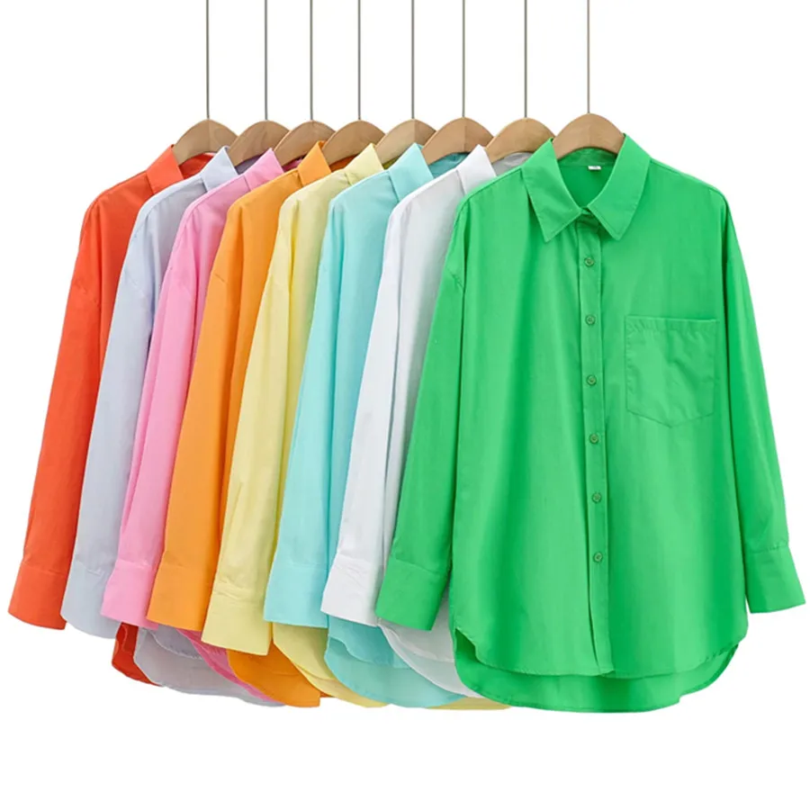 

Withered 2023 Vintage Fashion Simple Candy Color Solid Fashion Pockets Boyfriend Loose Cotton Casual Blouse Women Shirt