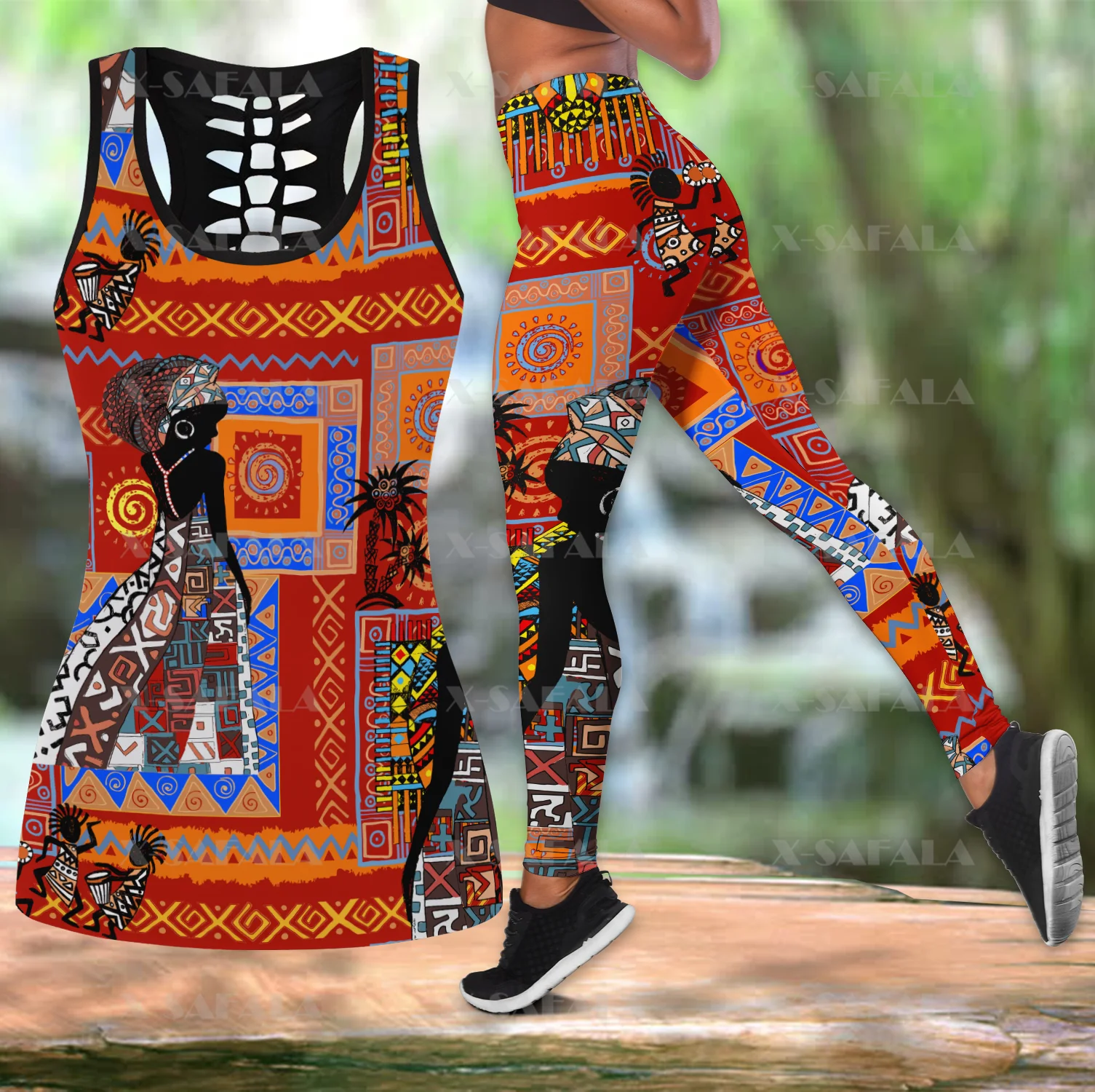 

African Art Africa African Totem Women Two Piece Yoga Set Women 3D Print Hollow Out Tank Top High Waist Legging Summer Sport-7