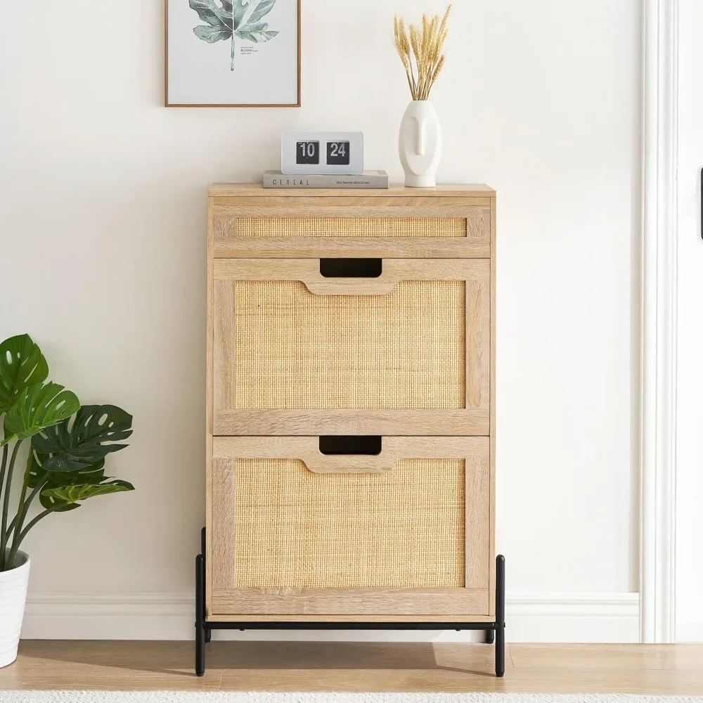 2 Flip Drawers Shoe Storage Cabinet with 1 Drawer, Rattan Shoe Organizer with Metal Legs, Shoes Cabinets 3