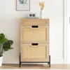 2 Flip Drawers Shoe Storage Cabinet with 1 Drawer, Rattan Shoe Organizer with Metal Legs, Shoes Cabinets 3