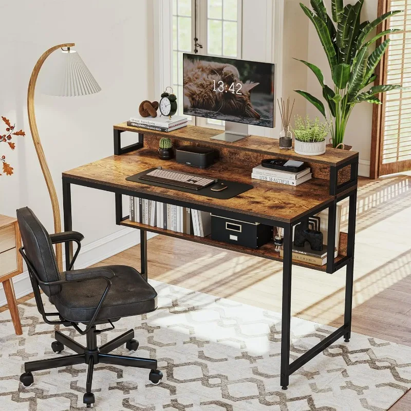 Cubiker Computer Home Office Desk, 47 Small Desk Table with Storage Shelf  and Bookshelf, Study Writing Table Modern Simple Style Space Saving Design