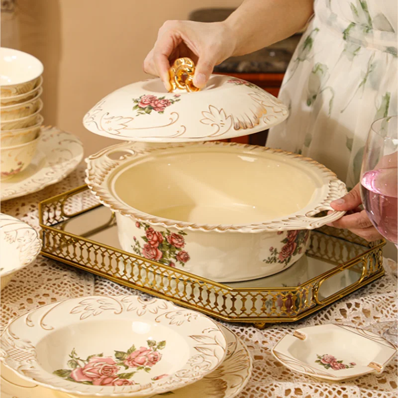 Beige Rose Painted Ceramic Plates Soup Bowls Rice Bowls Dessert Plates Dishes Kitchen Utensils Restaurant Service Boards