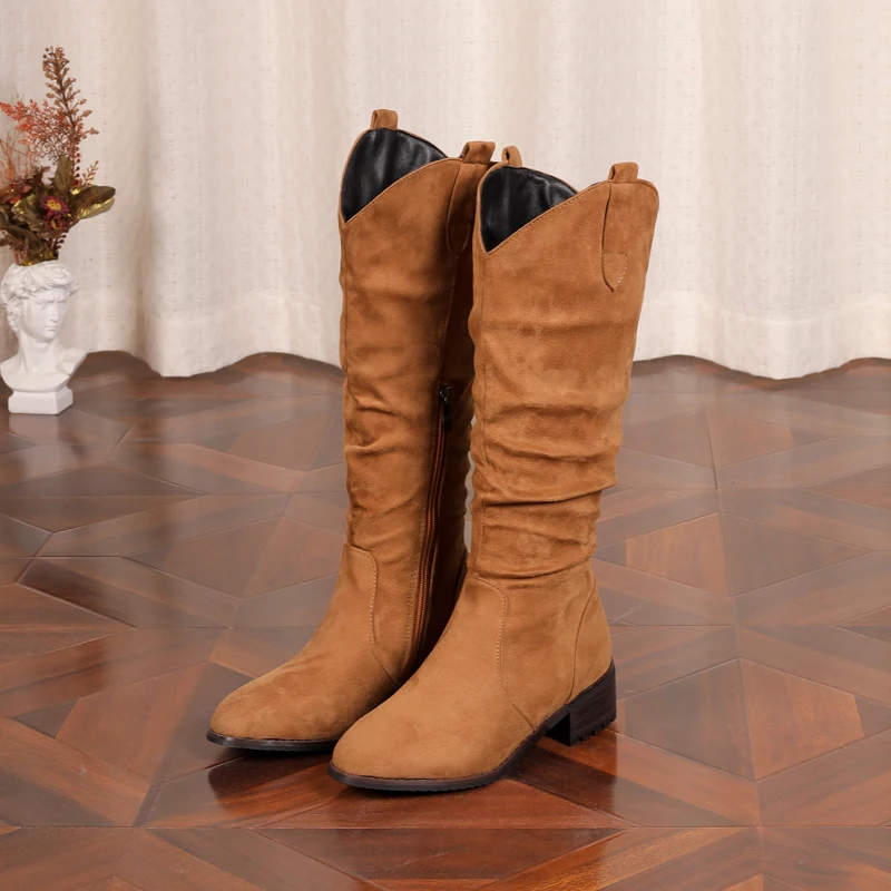 

2024 Plus Size Wood Grain Coarse Heeled Matte Float Women's Western Boots Minimalist Style Side Zipper Knee High Boots 2023