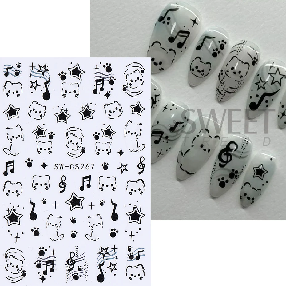 2pcs Cartoon Black Cat Nail Stickers 3D Graffiti Cute Cat Stars Musical Notes Design Nail Decals Sliders Y2K Manicure Decoration