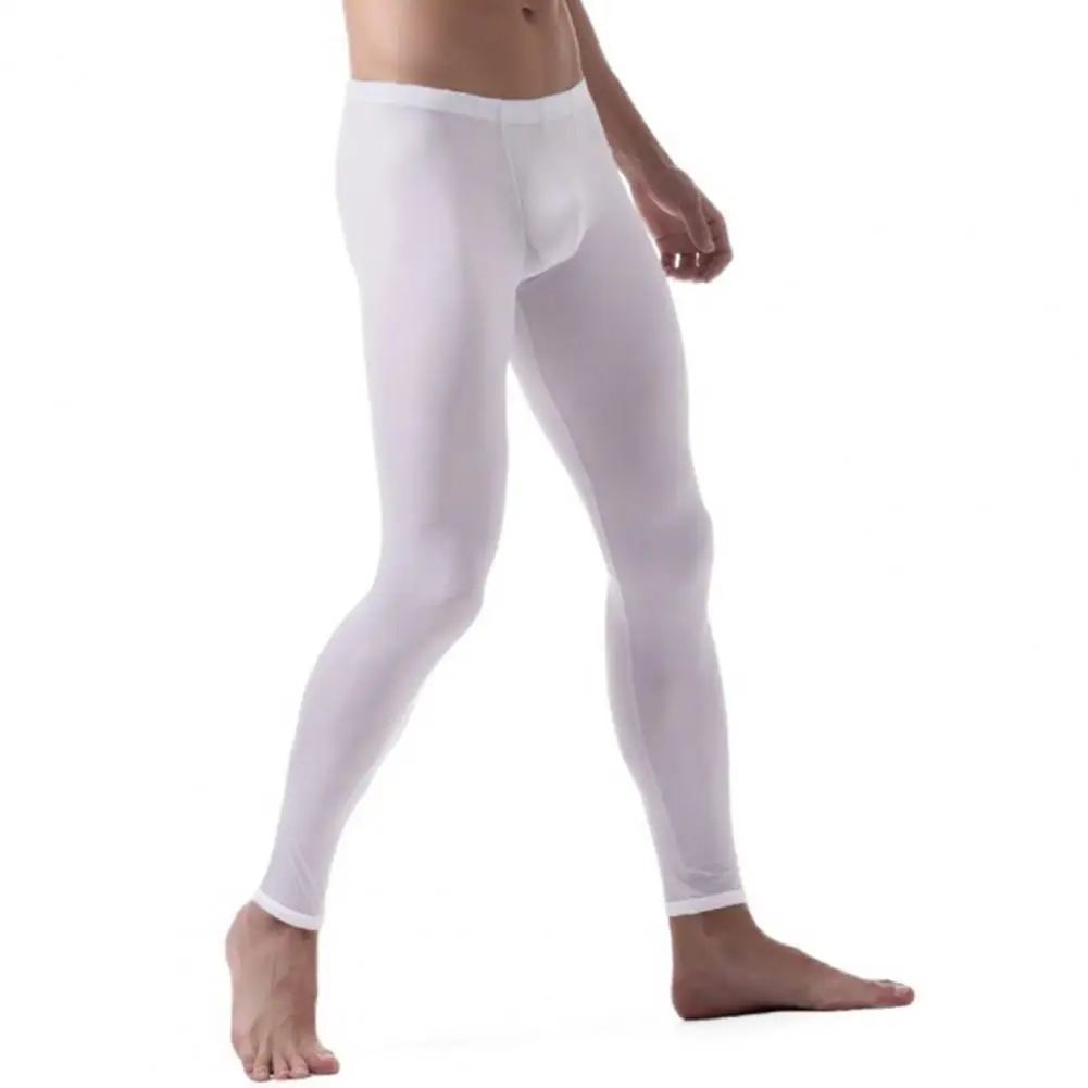 

Эластичные весенние штаны, мужские шелковые гладкие облегающие высокоэластичные кальсоны с выпуклым гульфиком, мягкие дышащие штаны средней длины для осени