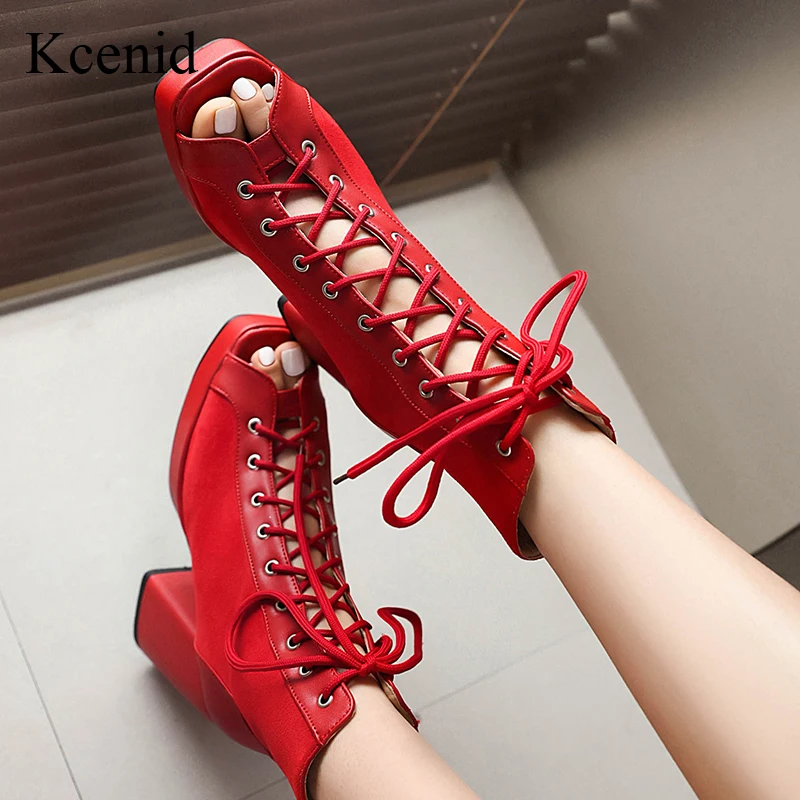 

Kcenid Peep Toe Lace Up Ankle Boots High Platform Heels Shoes Fashion Cross Tied Office Lady Spring Boots Street Style Plus Size