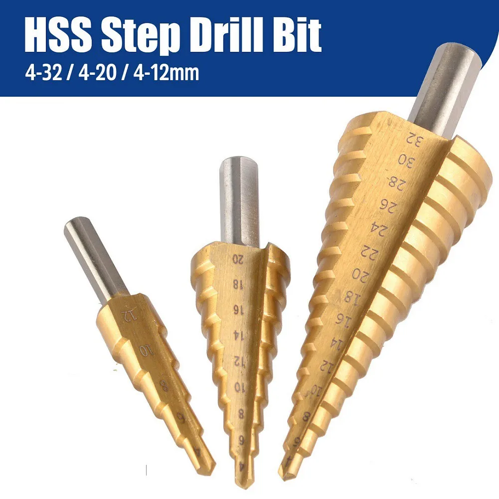 

HSS Steel Step Cone Titanium Coated Metal Drill Bit Hole Cutter 4-12/20/32mm For Cut Holes Steel/ Brass/ Wood/ Plastic