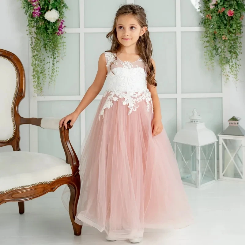 

Pink Flower Girl Dresses Tulle Puffy White Top Appliques Sleeveless For Wedding Birthday Party Banquet First Communion Gowns