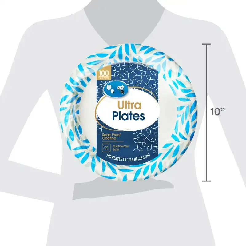 Disposable Paper Dinner Plates, White, 10 inch, 100 Plates, Patterned