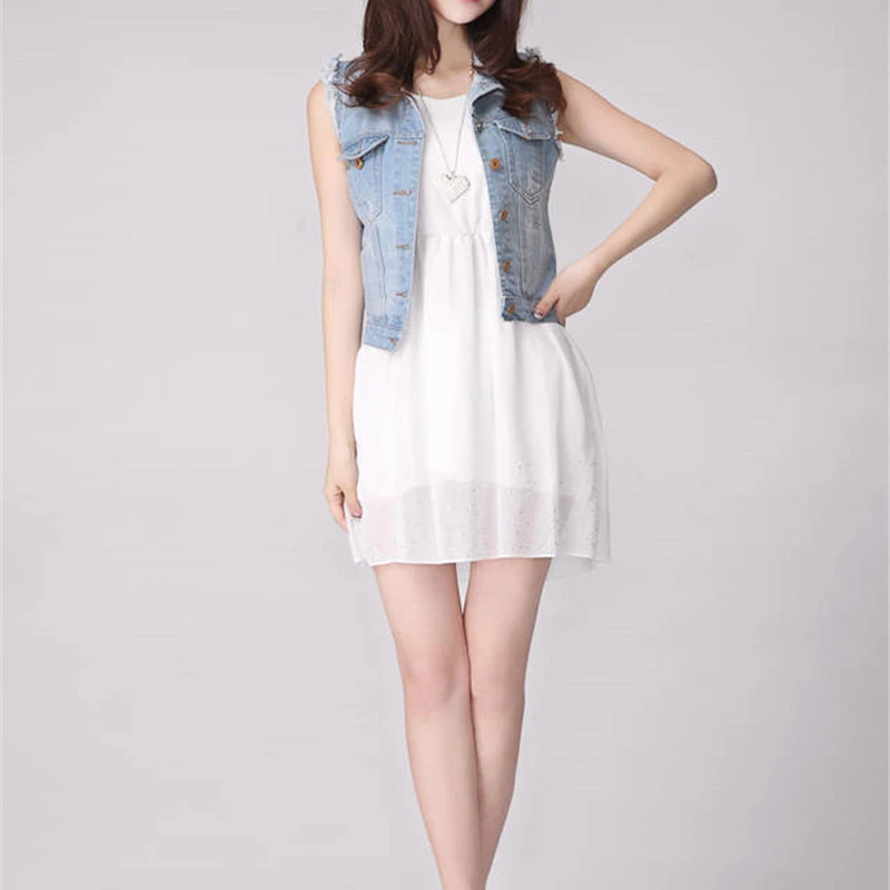 Women Sleeveless Turn-down Collar Breasted Denim Jacket 2023 Spring Denim Vest Casual Coat Vintage Jean Cardigan Female Clothing