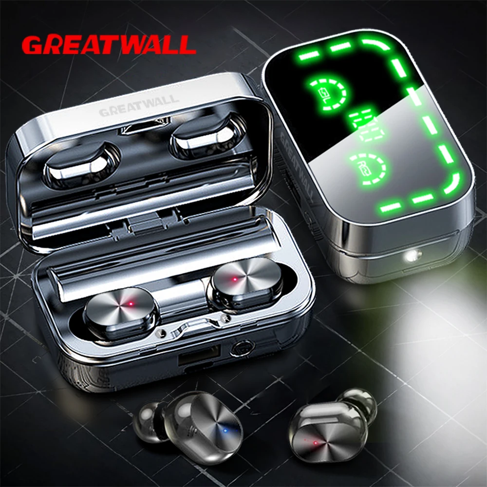 TWS Wireless Earphones Dazzle Cool Digital Display Headsets Sports Gaming Headphones HiFi HD Stereo Earbuds LED flashlight