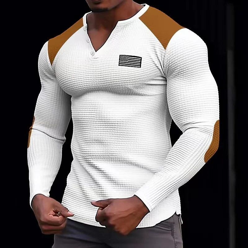 

Spring New Solid Color Slim Fit Long Sleeve T-shirt Men's Small V-neck Breathable Sports Coat Waffle Cotton Casual Long Sleeve