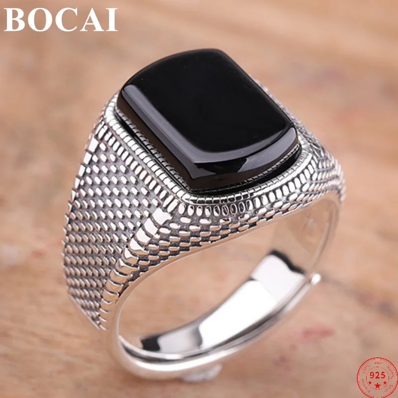 

BOCAI 100% Real S925 Sterling Silver Ring 2022 Popular Black Agate Retro Pattern Pure Argentum Charm Jewelry for Men and Women