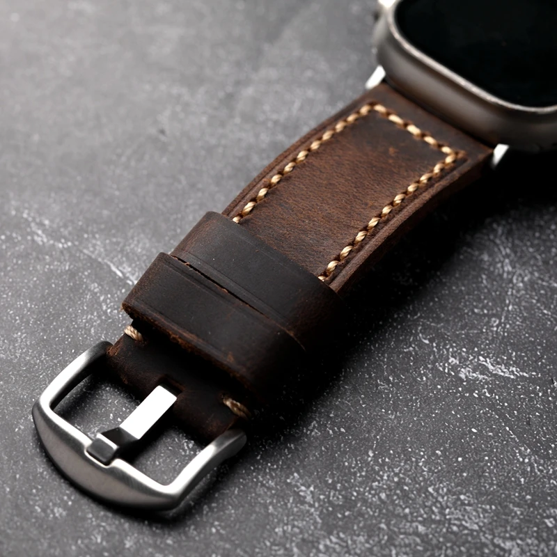 수제 이탈리아 소가죽 시계 밴드, 애플 워치 49mm 45mm, iwatch8 울트라 라이트 브라운 송아지 남성용 가죽 스트랩, 두꺼운