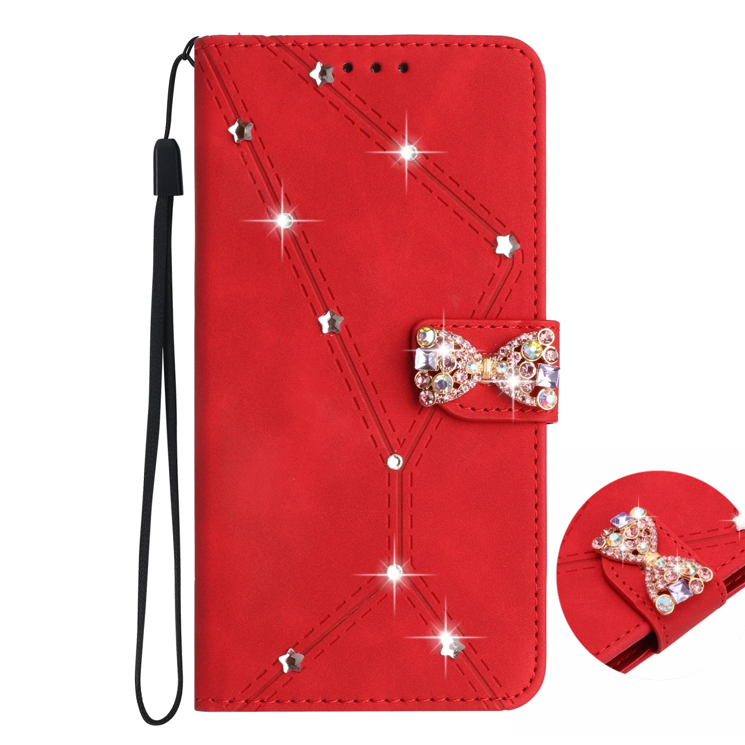 Luxury Rhinestone Wallet Case with Bow - Leather Flip Cover with 3 Card Slots and Anti-Drop Protection