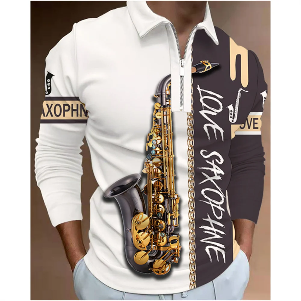 Чоловіча сорочка-поло для гольфу Графічні ноти Принт на відкритому повітрі Вулиця Одяг на блискавці з довгими рукавами Одяг Мода Повсякденна мода Вуличний одяг