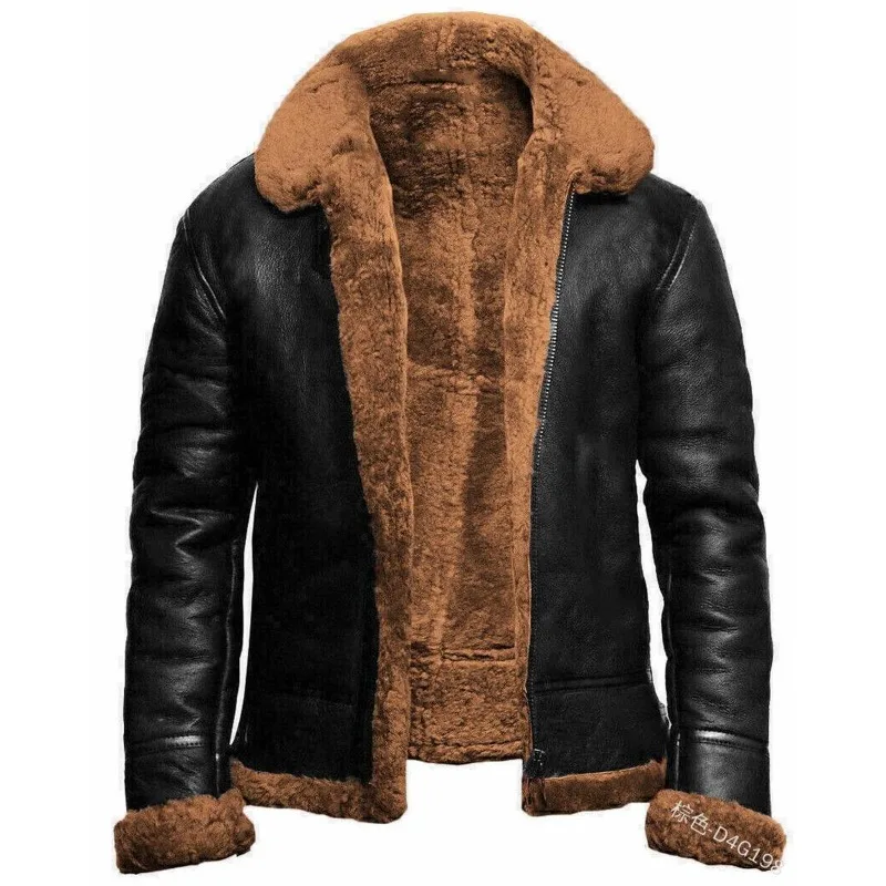 

Mens Coat with Zipper and Fur Edge Faux Leather Winter Jacket Plush One Piece Fur Collar Medium Length