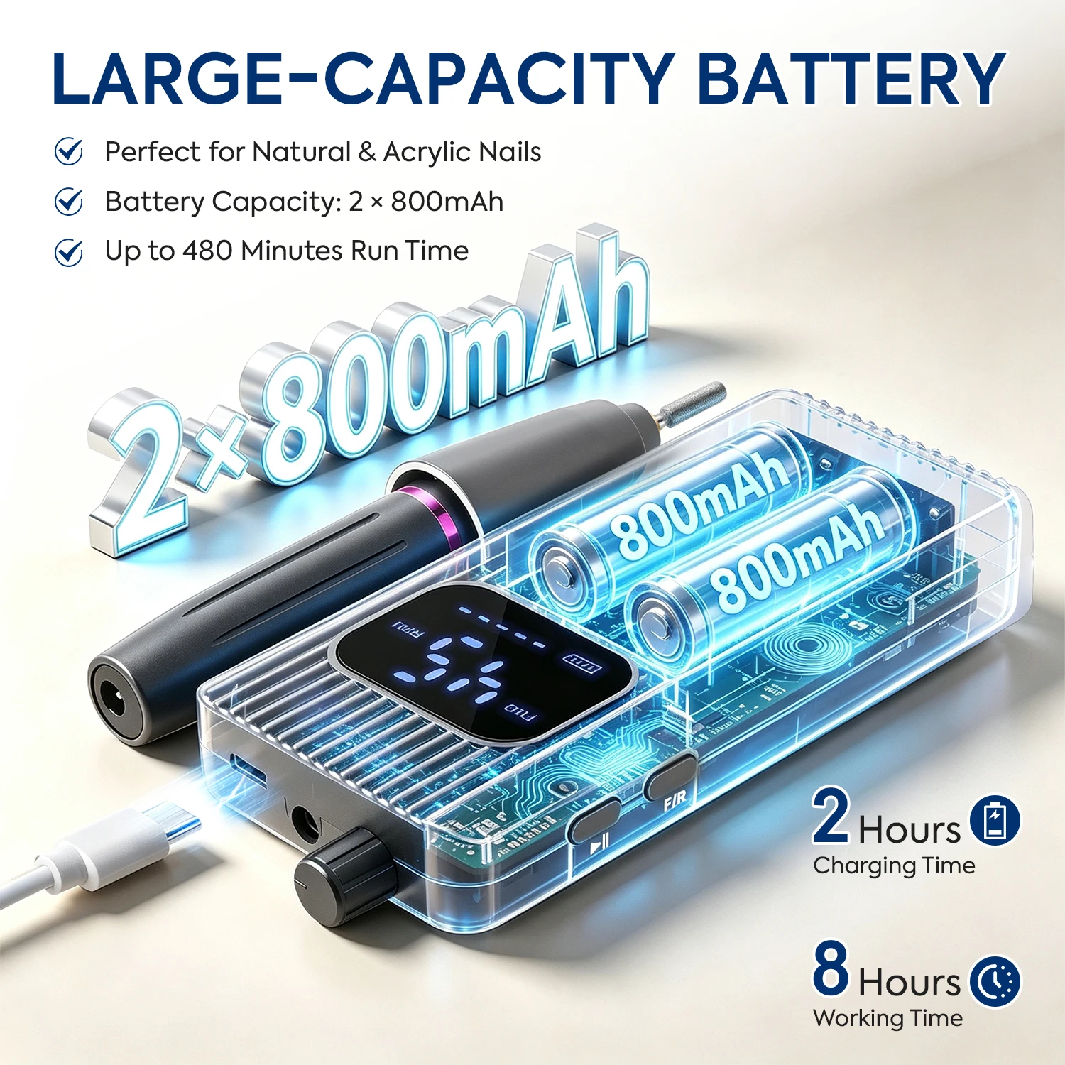 45000RPM 충전식 네일 드릴 머신, LCD 디스플레이가 있는 휴대용 무선 전동 네일 파일, 정회전 및 역회전 기능