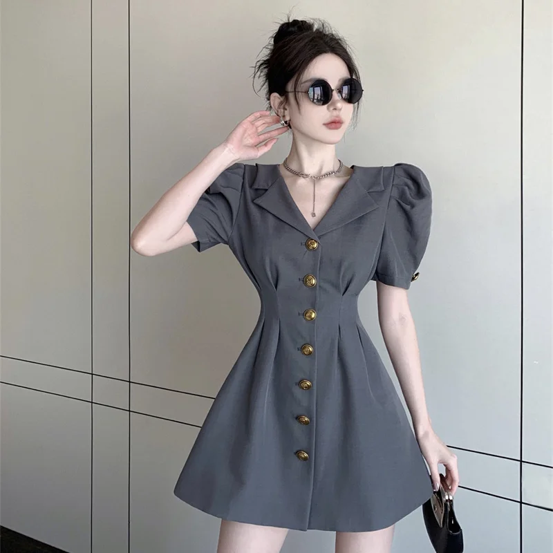 Retro French Temperament Waist-hugging Slim Suit Dress Summer 2025 New Solid Color Short Skirt 3
