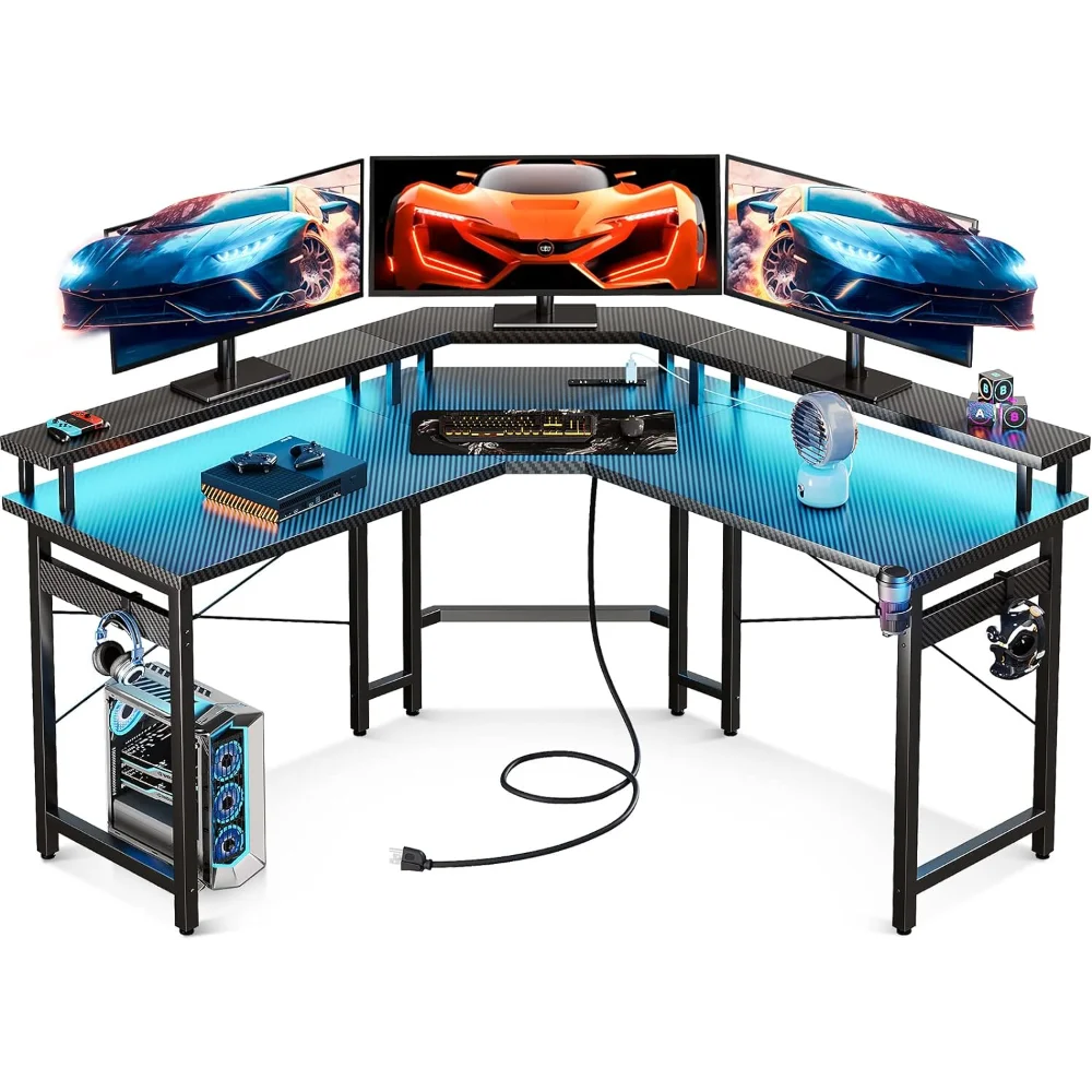 

Игровой стол L-образной формы с фонариками и розетками питания, компьютерный стол 51 дюйм с подставкой для полного монитора, угловой стол с держателем для чашки
