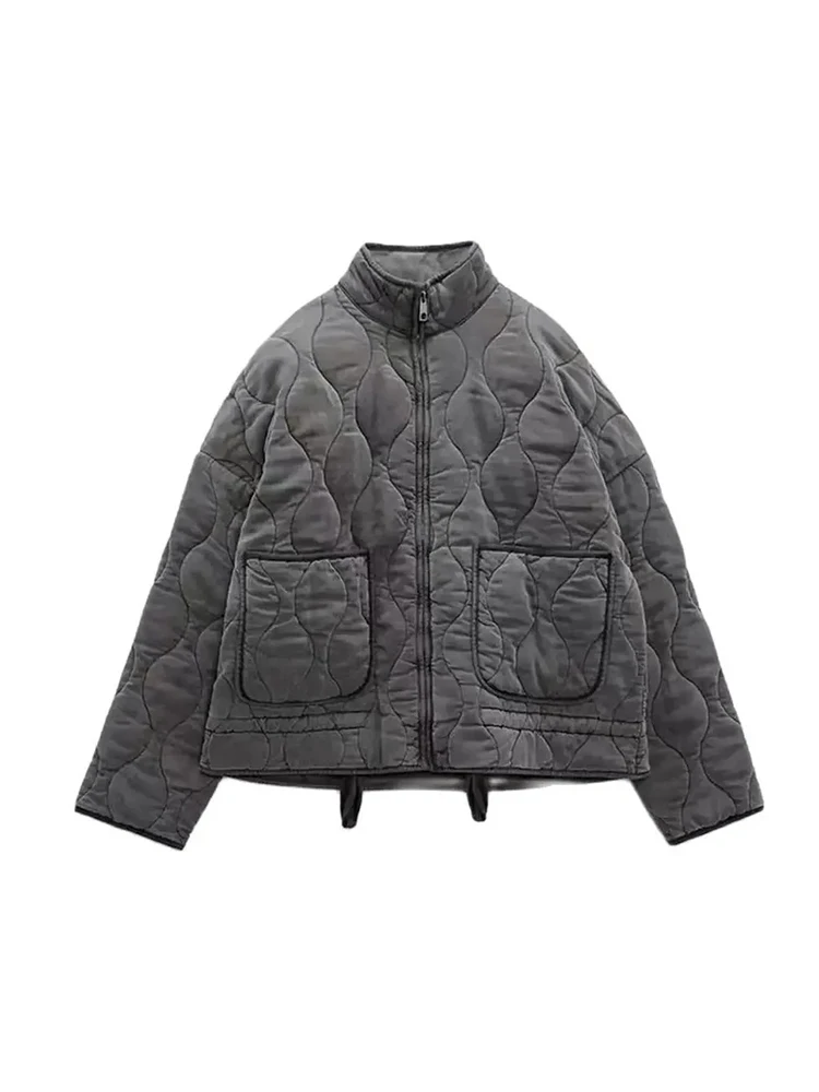 TRAFZA Women's Diamond Print Cotton Jacket Round Neck Loose Long Sleeve Cotton Jacket Vintage Fashion Pocket Warm Zip Jacket 6