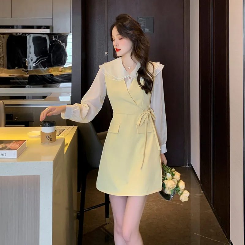 

2023 New Autumn Dress Women French Lotus Leaf Tie A-line Suit Free Shipping
