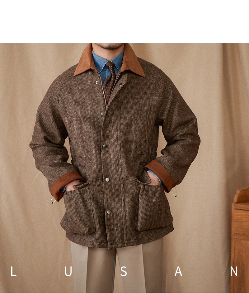 Italienische Herbst- und Winterjacke aus 50% Wolle, Jagdjacke, Alltagstaugliche Vielseitige Jacke mit Kontrastkragen, Warme Retro-Jacke für Herren – Detail 37