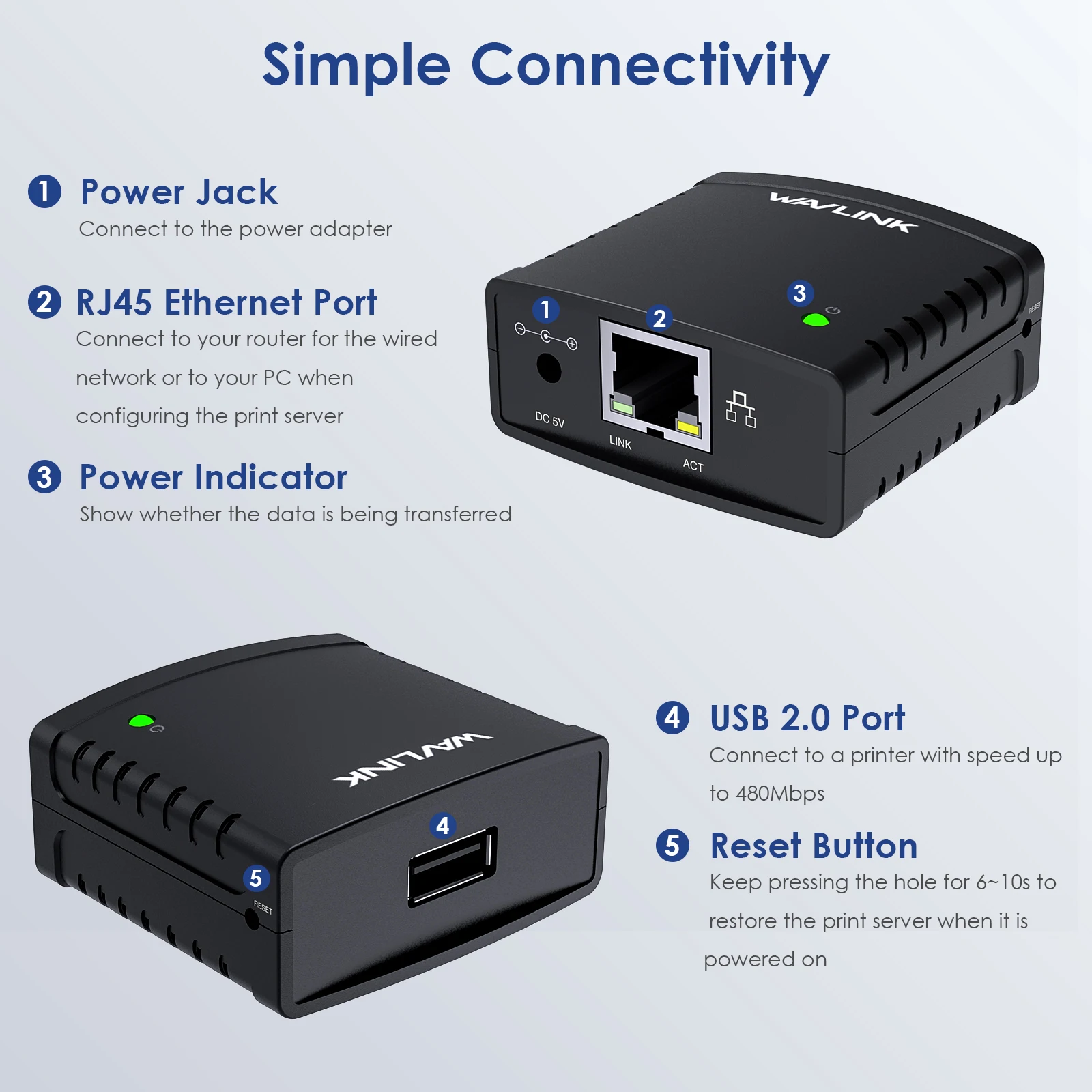 USB Wireless Print Server 10/100Mbps LAN/Bridge Support Wired/Standalone Modes Compatible With Windows/Mac Printers