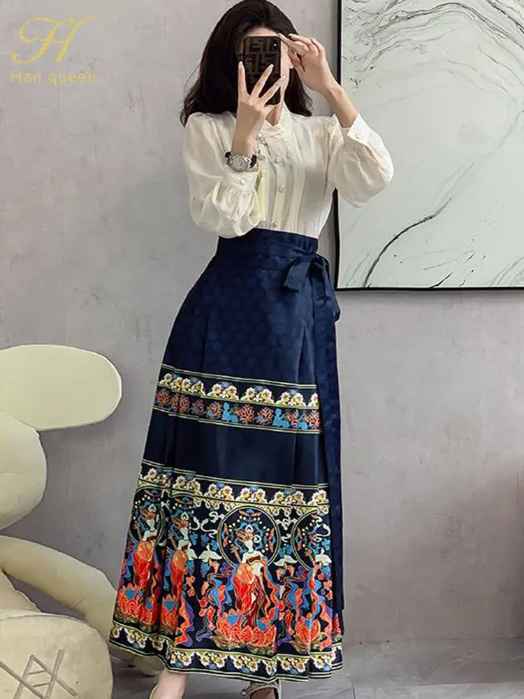 babyoung-2024-autumn-2-pieces-set-women-long-sleeve-tops-high-waist-lace-up-printed-pleated-skirts-casual-office-skirt-suit