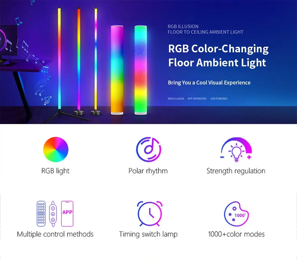 Smart RGB LED Floor Lamp Ambient Light with App & Remote Control – 180°/360° Color Changing, Multi-Shape Modern Lighting for Living Room