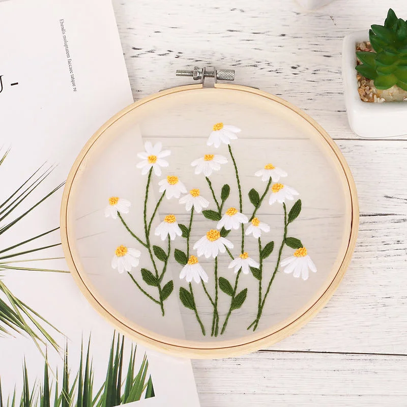 embroidery set DIY embroidery white flowers plants pattern starter kit cross stitch needlework tools handmade craft