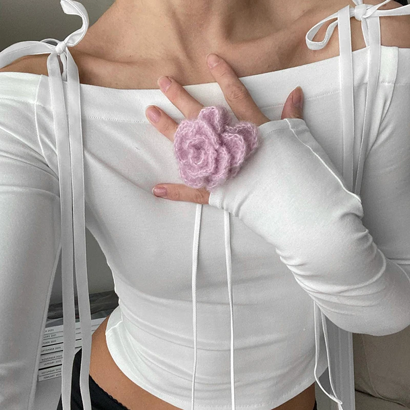 Women Off Shoulder Long Sleeve T Shirts Autumn Y2K Elegant White Crop Tops Skinny Strapless Casual Basic Tees Bow