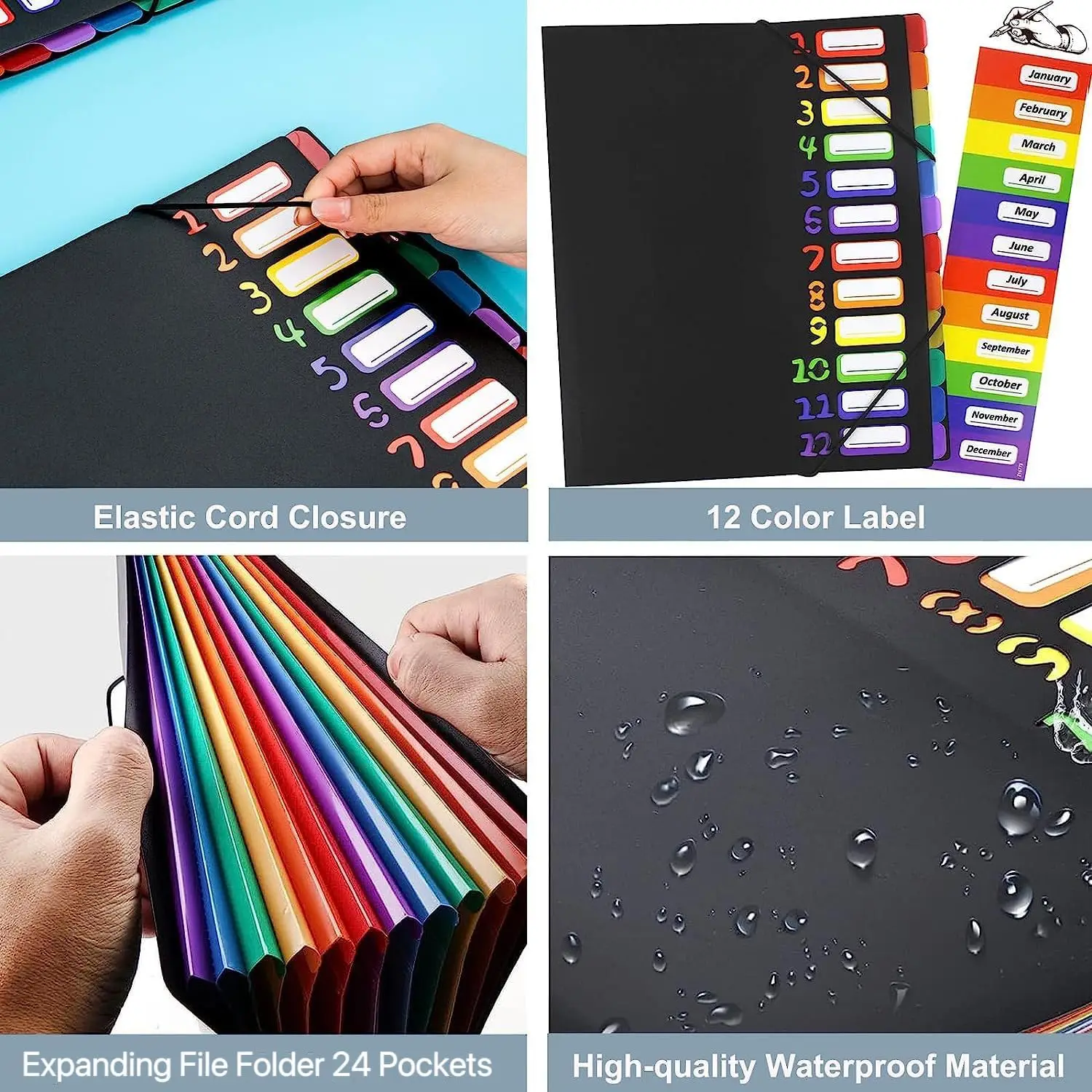 Rainbow Tab Expanding File Folder 24 Pockets Durable A4 Letter Size Organizer Water-Resistant Plastic Dividers