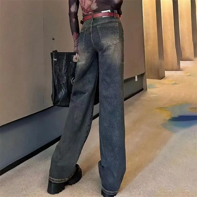 Women's Solid Button Zipper Embroidery Jeans 2023 Autumn and Winter High Waist Loose Large Fashion Vintage Straight Leg Pants