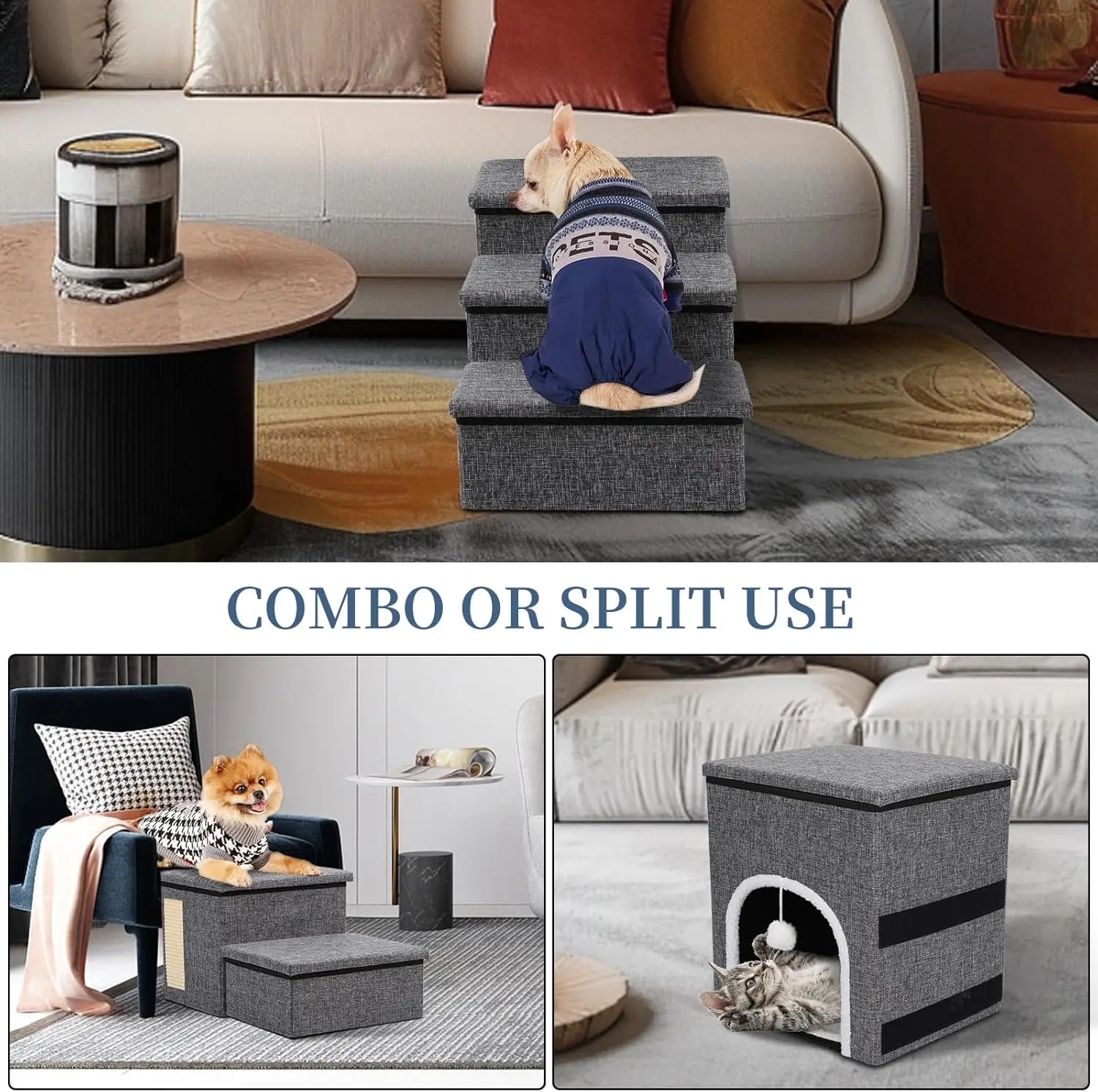 Upgrade XL Dog Stairs for Bed and Couch, 35.5"L x 13.8"D x 17"H, Foldable Dog Steps with Wider Stairs,Large Condo, Storage Space