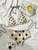 Vintage Beige Dot Print Bikini Set Women Push Up Bra Front Tie High Waist Swimsuit 2025 Summer Bathing Suit Two Piece Swimwear
