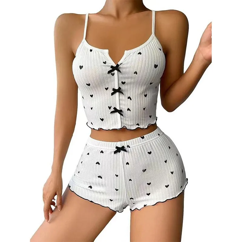 Cute Heart Print Pajama Set Women's Ribbed Cami Top & Shorts Bow Detail Sleepwear Loungewear Soft Comfortable Pj Set New Fashion