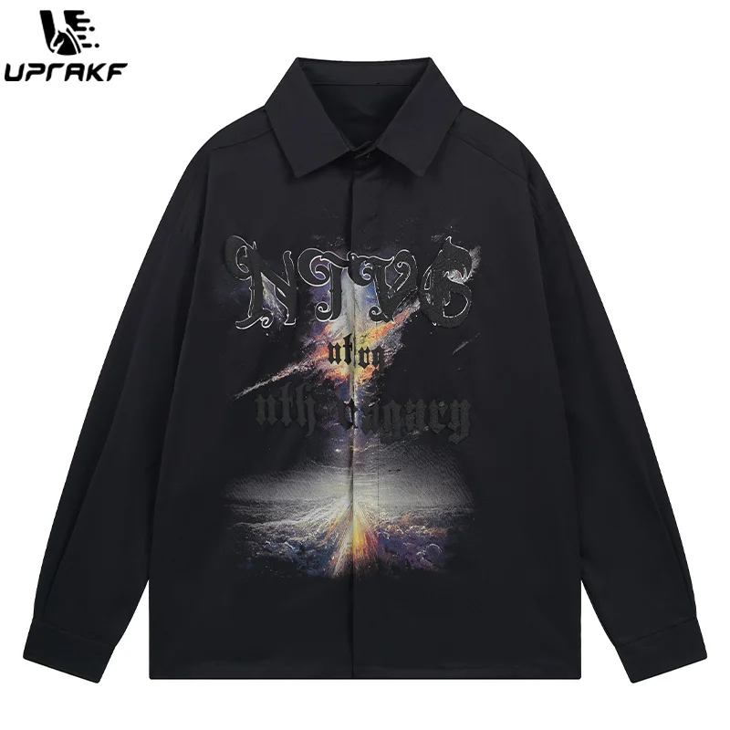UPRAKF Letter Print Shirts Long Sleeve Polo Neck Fashion Casual Loose Autumn Button High Street Tops Harajuku