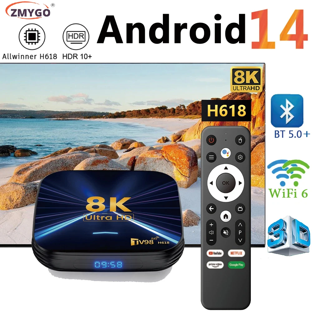 TV Box 2025 H618 Smart Android tv Quad Core WiFi6 Bluetooth 5.0 Voice Remote Control HDR10+ 4K 8K TV Box Android 14 Set Top Box