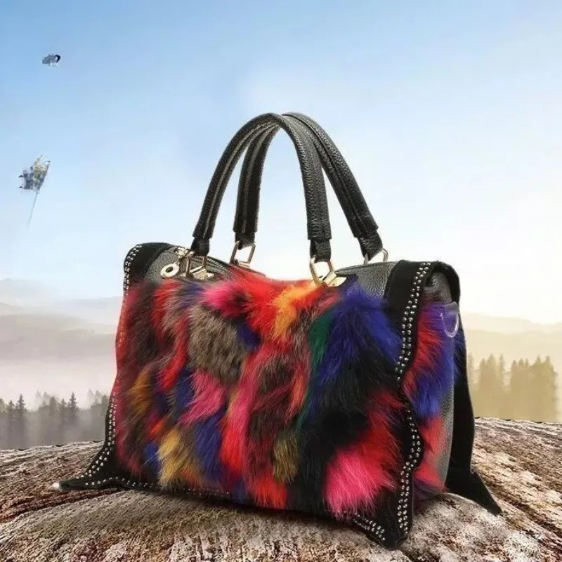 

Luxury Color Fox Fur Women Handbags Genuine Leather Rivet Tote Shoulder Bags New Fashion Ladies Large Capacity Crossbody Bag