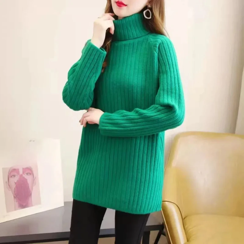 Autumn Winter Women Fashion Casual Solid Color Stripe Turtleneck Sweater