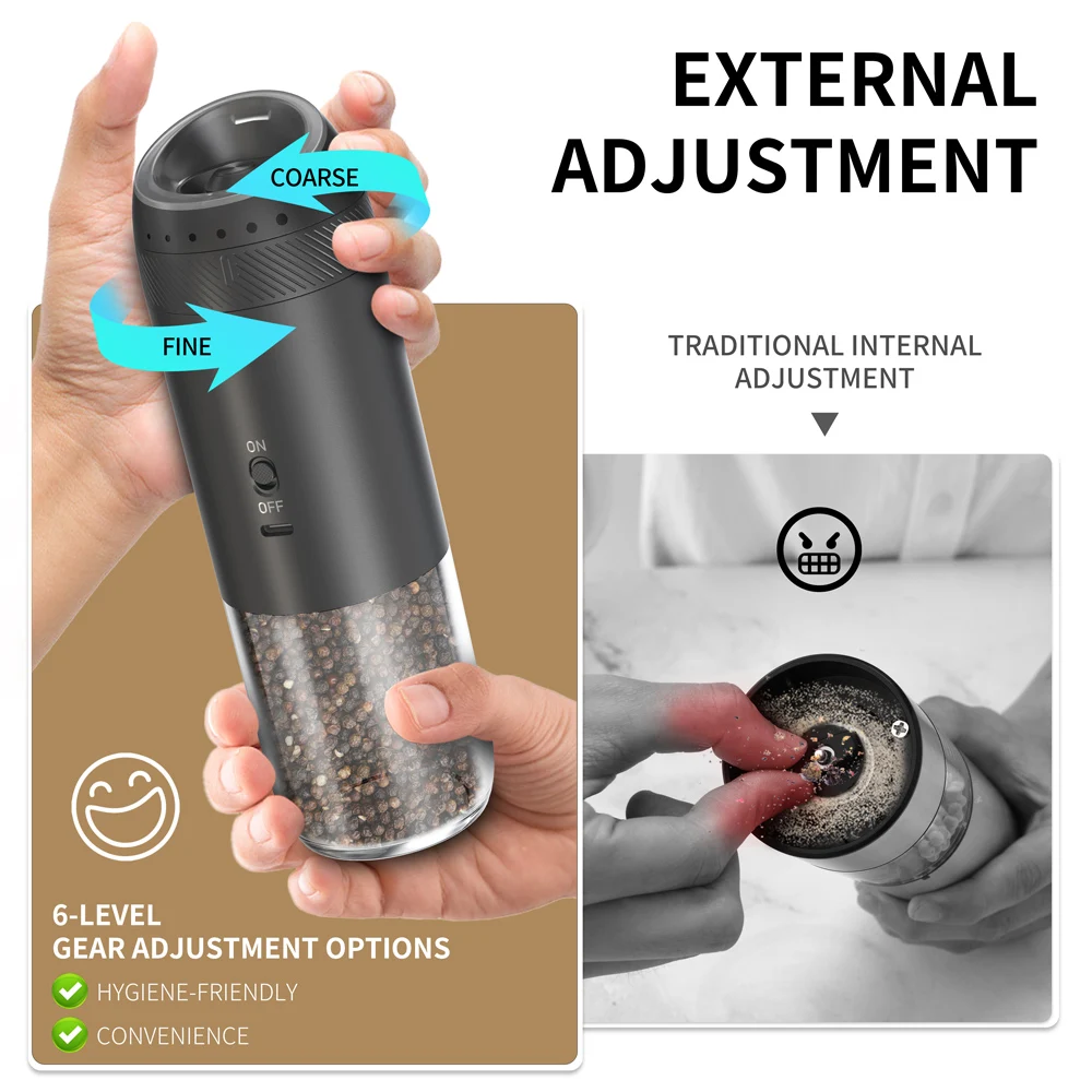 1/2PCS Electric Salt And Pepper Grinder with LED Light Gravity Sensing Adjustable Spice Mills Cordless Automatic Kitchen Gadget 5