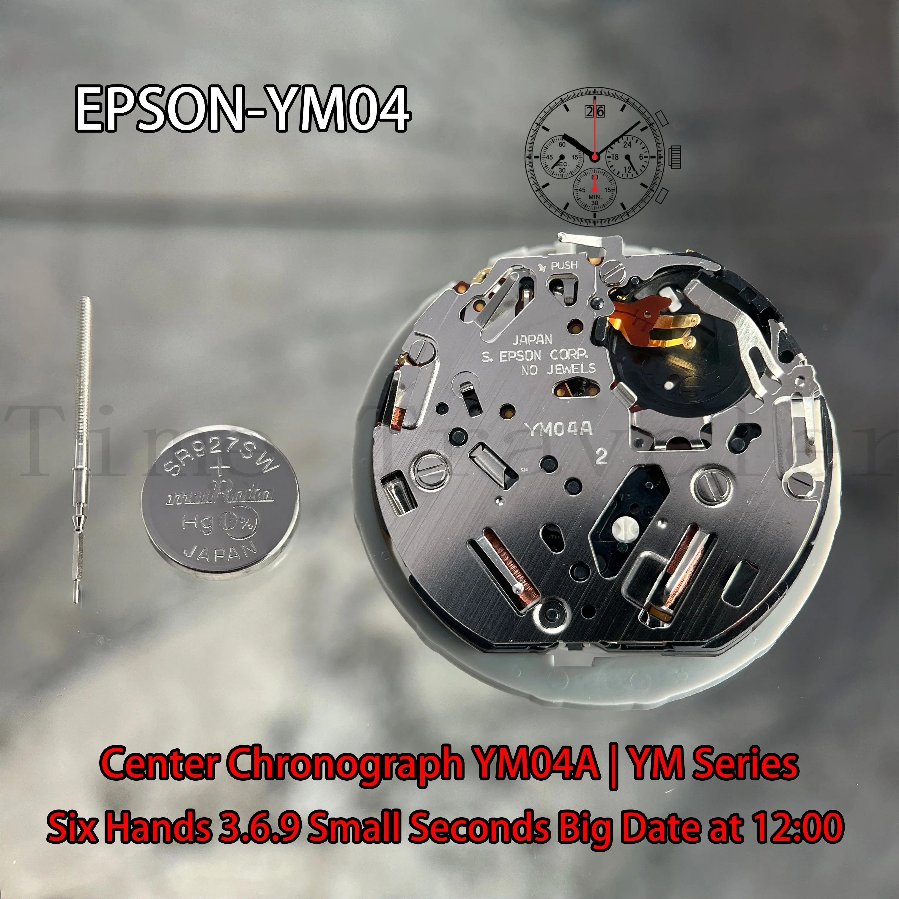 YM04 Movement Epson YM04A Movement YM Series Quartz Movement  Size:12''' Six Hands 3.6.9 Small Seconds Big date display at 12:00