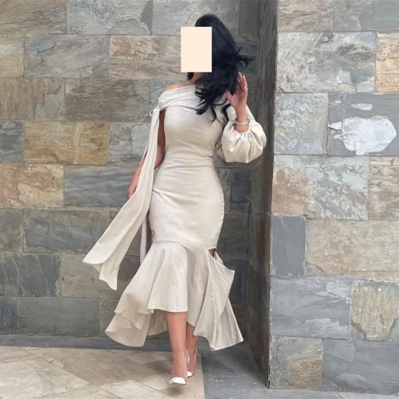 

Elegant Short Satin One Shoulder Evening Dresses Ruffled Mermaid Long Sleeve Tea Length Abendkleid Robes de Soirée for Women