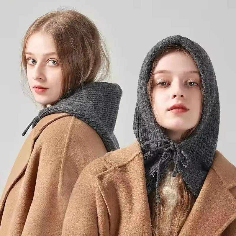 Winter Knitted Hooded Scarf Hat Women Warm Ear Protection Cap Outdoor Cycling Cold-Proof Integrated Neck Warmer Fashion Hat