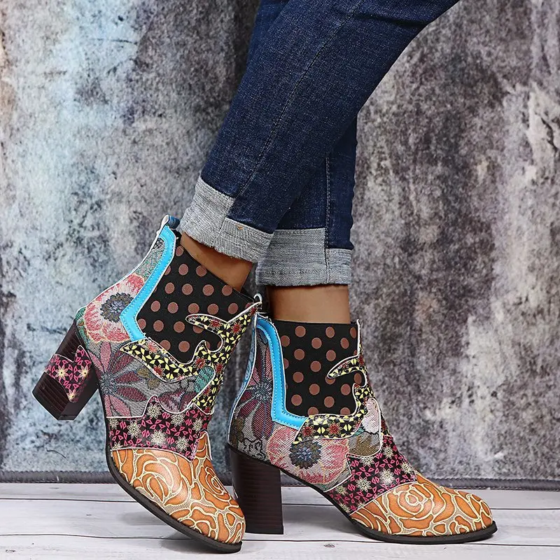 Women's Boots Large Size Increase Fashion Ethnic Style Casual Fashion Retro Stitching High-heeled Short Leather Boots All-match